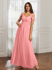 Cap Sleeve Tulle Ruched Floor-length Dress Flamingo Plus Size