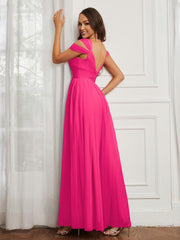 Cap Sleeve Tulle Ruched Floor-length Dress Fuchsia