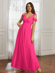 Cap Sleeve Tulle Ruched Floor-length Dress Fuchsia