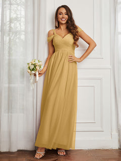 Cap Sleeve Tulle Ruched Floor-length Dress Gold
