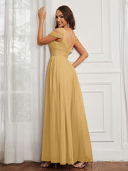 Cap Sleeve Tulle Ruched Floor-length Dress Gold