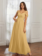 Cap Sleeve Tulle Ruched Floor-length Dress Gold Plus Size
