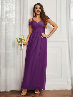 Cap Sleeve Tulle Ruched Floor-length Dress Grape