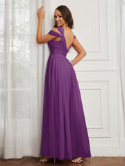 Cap Sleeve Tulle Ruched Floor-length Dress Grape Plus Size