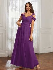 Cap Sleeve Tulle Ruched Floor-length Dress Grape