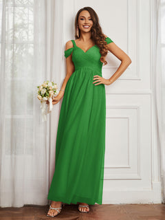 Cap Sleeve Tulle Ruched Floor-length Dress Green