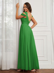 Cap Sleeve Tulle Ruched Floor-length Dress Green Plus Size