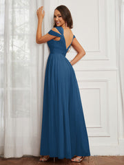 Cap Sleeve Tulle Ruched Floor-length Dress Ink Blue