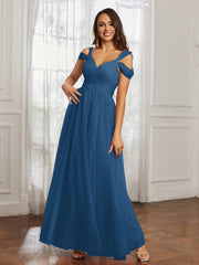 Cap Sleeve Tulle Ruched Floor-length Dress Ink Blue