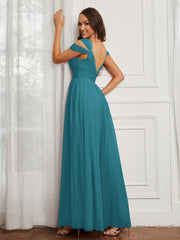 Cap Sleeve Tulle Ruched Floor-length Dress Jade