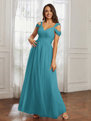 Cap Sleeve Tulle Ruched Floor-length Dress Jade