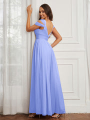 Cap Sleeve Tulle Ruched Floor-length Dress Lavender
