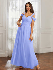 Cap Sleeve Tulle Ruched Floor-length Dress Lavender Plus Size