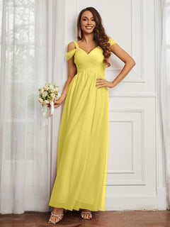 Cap Sleeve Tulle Ruched Floor-length Dress Lemon