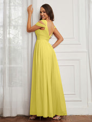 Cap Sleeve Tulle Ruched Floor-length Dress Lemon