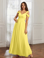Cap Sleeve Tulle Ruched Floor-length Dress Lemon