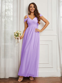 Cap Sleeve Tulle Ruched Floor-length Dress Lilac