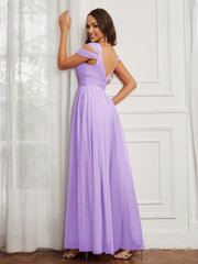 Cap Sleeve Tulle Ruched Floor-length Dress Lilac Plus Size
