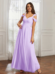 Cap Sleeve Tulle Ruched Floor-length Dress Lilac