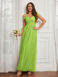 Cap Sleeve Tulle Ruched Floor-length Dress Lime Green