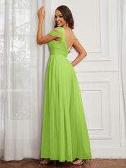 Cap Sleeve Tulle Ruched Floor-length Dress Lime Green