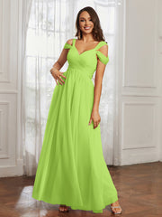 Cap Sleeve Tulle Ruched Floor-length Dress Lime Green