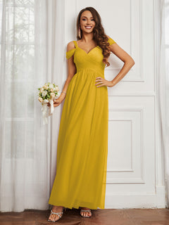 Cap Sleeve Tulle Ruched Floor-length Dress Marigold