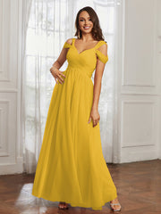 Cap Sleeve Tulle Ruched Floor-length Dress Marigold Plus Size