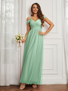 Cap Sleeve Tulle Ruched Floor-length Dress Mint Green