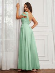 Cap Sleeve Tulle Ruched Floor-length Dress Mint Green