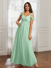 Cap Sleeve Tulle Ruched Floor-length Dress Mint Green