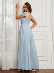 Cap Sleeve Tulle Ruched Floor-length Dress Mist Plus Size