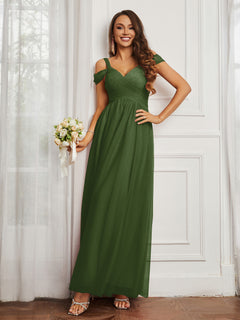 Cap Sleeve Tulle Ruched Floor-length Dress Moss