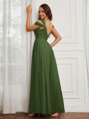 Cap Sleeve Tulle Ruched Floor-length Dress Moss