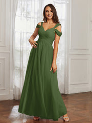 Cap Sleeve Tulle Ruched Floor-length Dress Moss Plus Size