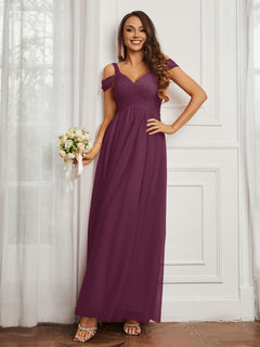 Cap Sleeve Tulle Ruched Floor-length Dress Mulberry