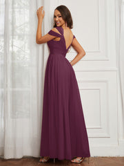 Cap Sleeve Tulle Ruched Floor-length Dress Mulberry