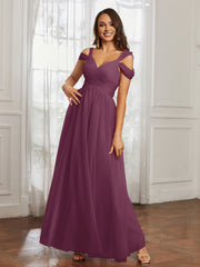 Cap Sleeve Tulle Ruched Floor-length Dress Mulberry Plus Size