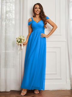 Cap Sleeve Tulle Ruched Floor-length Dress Ocean Blue