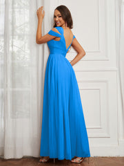 Cap Sleeve Tulle Ruched Floor-length Dress Ocean Blue