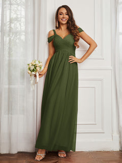 Cap Sleeve Tulle Ruched Floor-length Dress Olive Green