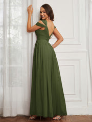 Cap Sleeve Tulle Ruched Floor-length Dress Olive Green