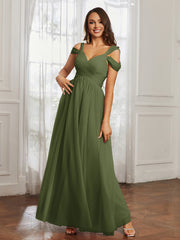 Cap Sleeve Tulle Ruched Floor-length Dress Olive Green
