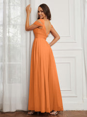 Cap Sleeve Tulle Ruched Floor-length Dress Orange