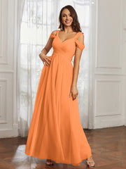 Cap Sleeve Tulle Ruched Floor-length Dress Orange Plus Size