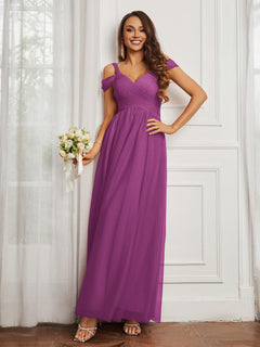Cap Sleeve Tulle Ruched Floor-length Dress Orchid