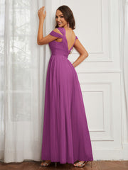 Cap Sleeve Tulle Ruched Floor-length Dress Orchid