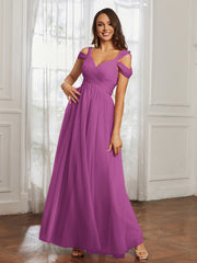 Cap Sleeve Tulle Ruched Floor-length Dress Orchid