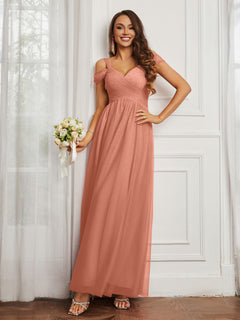 Cap Sleeve Tulle Ruched Floor-length Dress Papaya