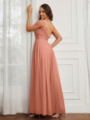 Cap Sleeve Tulle Ruched Floor-length Dress Papaya